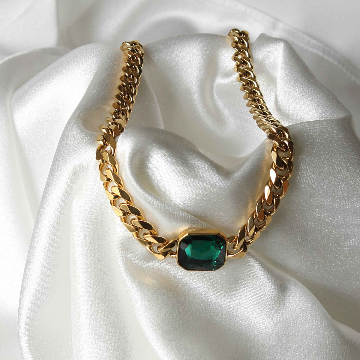 Cuban Link Chain Necklace with Emerald Green Zirconia