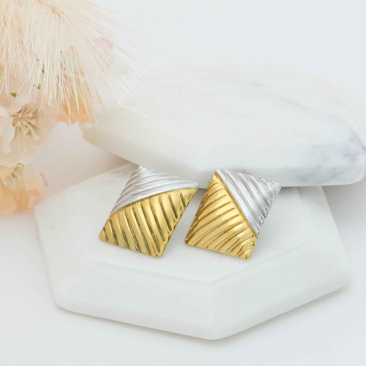 Two-Tone Stainless Steel Stud Earrings, 18k Gold Plated