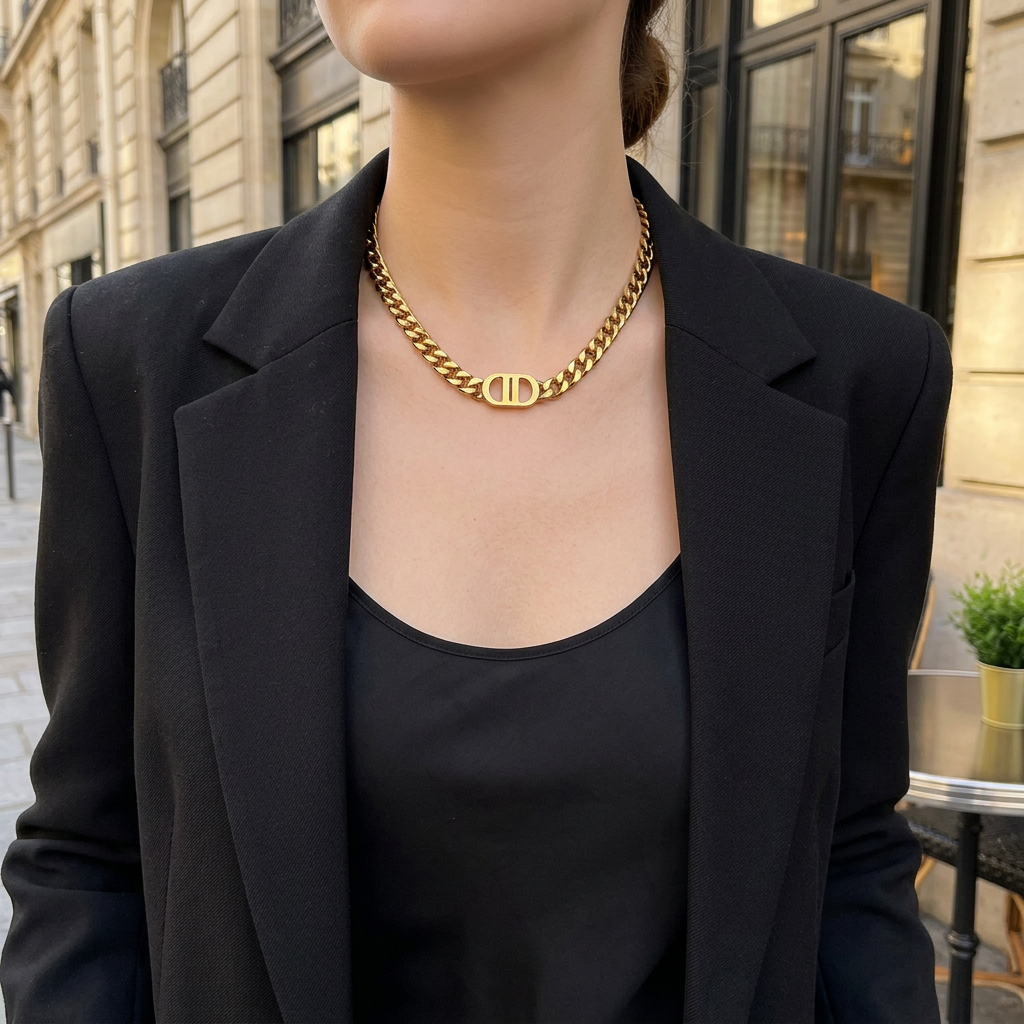 Thea Cuban link necklace styled with a black blazer in a modern city setting