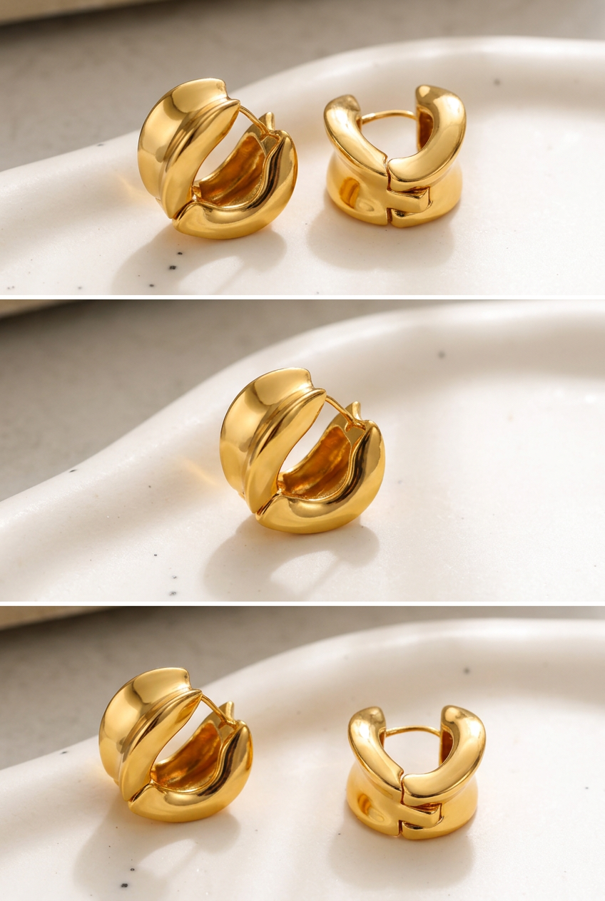 Three-panel vertical collage of Sienna gold-plated earrings on warm ivory ceramic