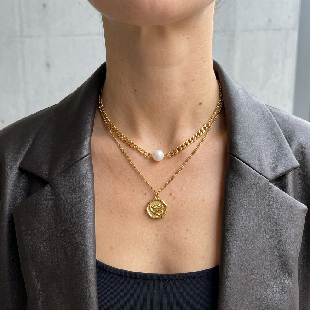 Rosalie layered necklace with pearl-look bead and rose pendant styled with a dark leather jacket against a minimalist architectural backdrop