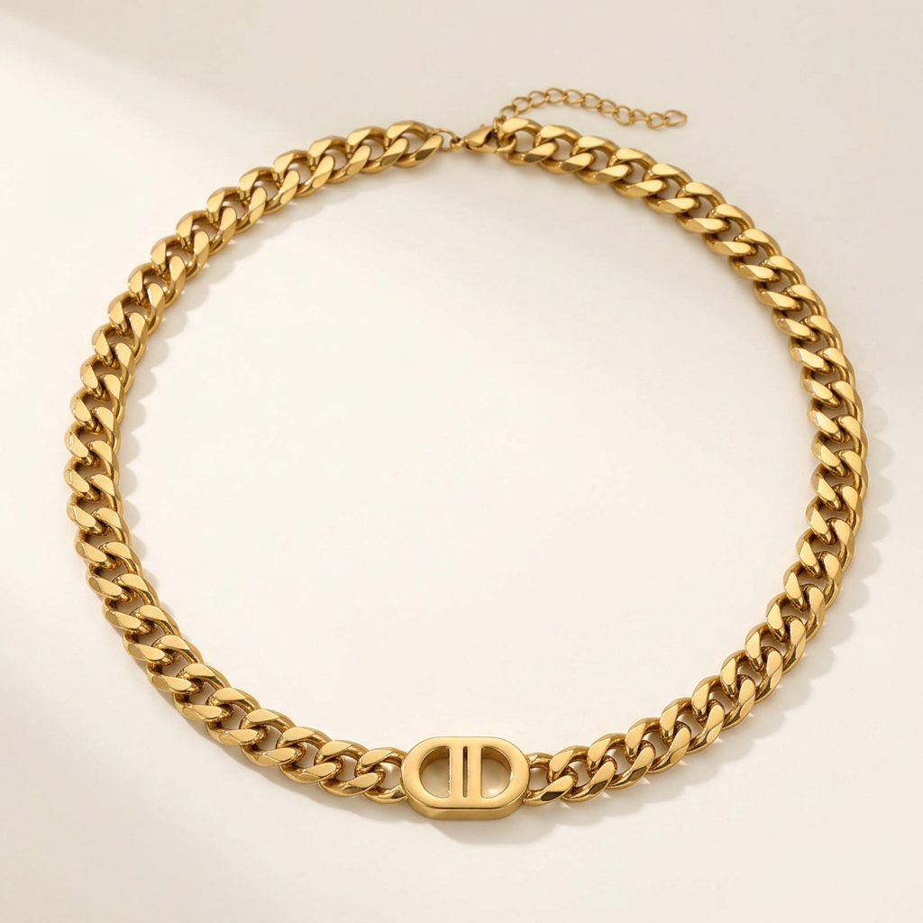 Thea Cuban link necklace oval flat lay without bracelet